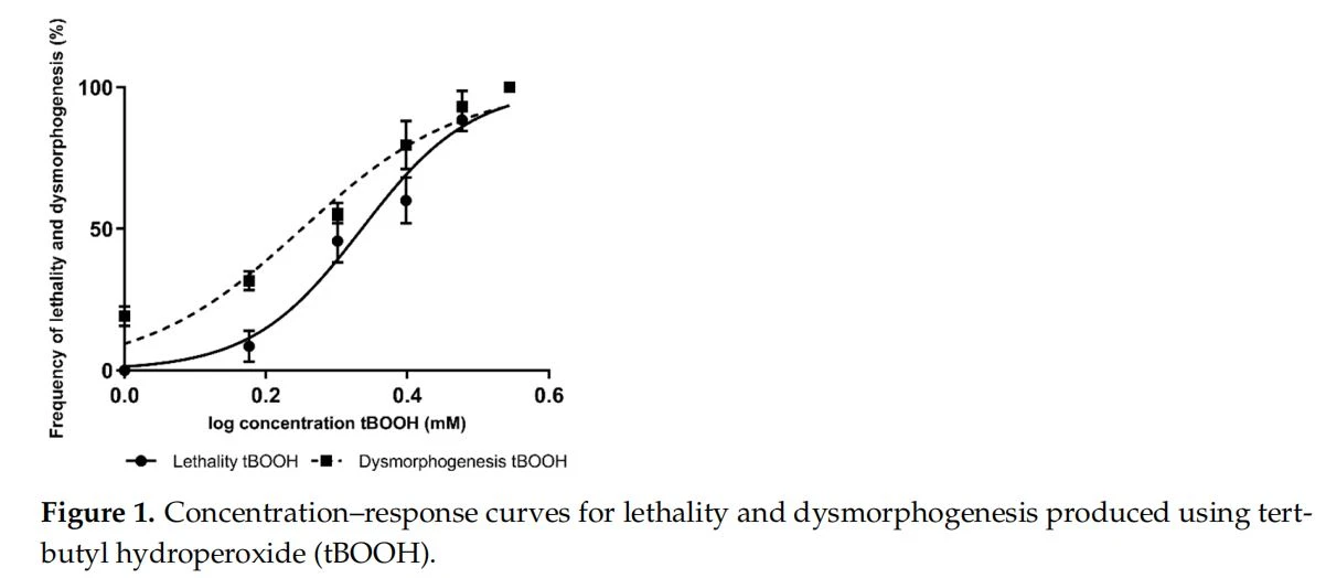 Concentration-response curves for lethality and dysmorphogenesis produced using tert-butyl hydroperoxide(tBOOH) Concentration-response curves for lethality and dysmorphogenesis produced using tert-butyl hydroperoxide(tBOOH)